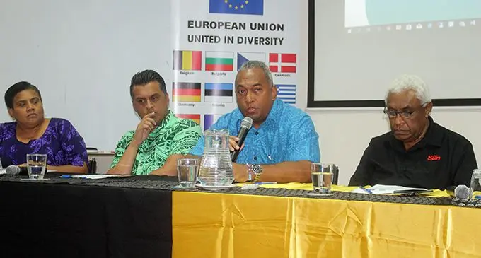 From left: Panellists Fred Wesley (Fiji Times editor-in-chief) and Nemani Delaibatiki (Fiji Sun managing editor training) during the Fijian Media Association World Press Freedom Day forum in Suva on May 3, 2019.  Photo: Sydnee Gonzalez 