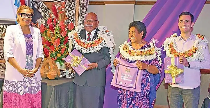 From left: Minister for Women, Children and Poverty Alleviaiton Lynda Tabuya, Prime Minister Sitiveni Rabuka, wife, Sulueti, during the launch of the Fiji Country Gender Assessment (FCGA). Photo: DEPTFO News