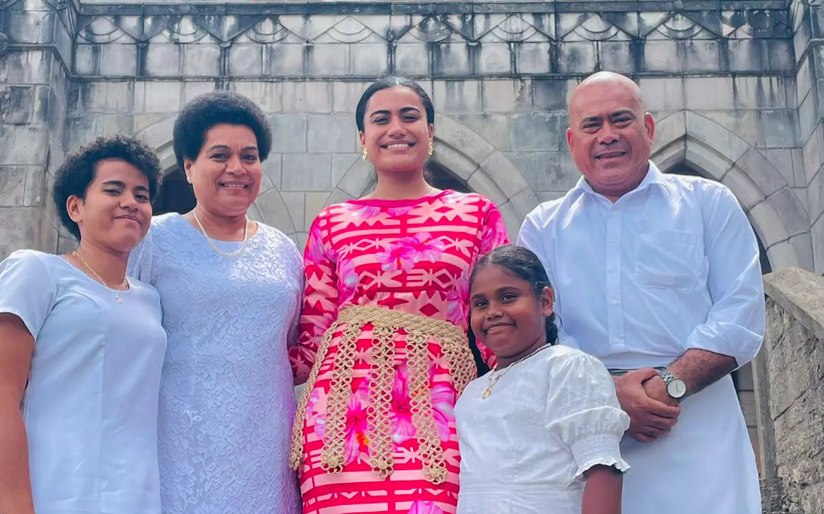 The newly crowned 2026 Miss Hibiscus Festival, Sala Korosaya, who also represented MHCC and Carpenters Towers, pictured with her parents, Sereima Korosaya (second from left) and Matai Korosaya (right), and her two sisters, Hannah Korosaya and Freya Korosaya, during Sunday church service at the Centenary Church in Suva.