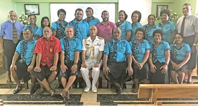 Commander of the Republic of Fiji Military Forces, Rear-Admiral Viliame Naupoto (sitting 4th from left), with Nasinu Gospel Primary School teachers after the prefects induction at the school in Suva on February 16, 2018. Photo: Taraivini Seru