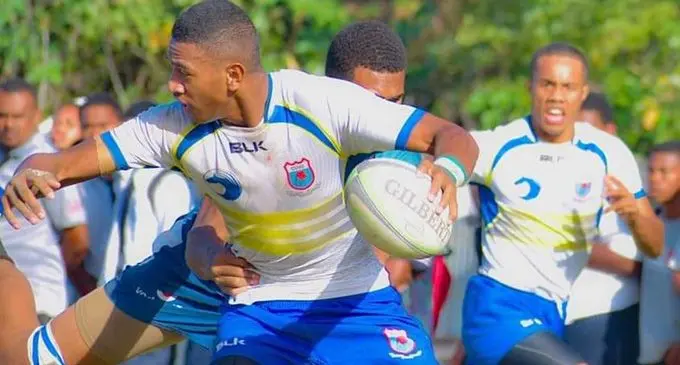 A Cuvu College player in possession, they take on Natabua High School in their last round of pool games on Saturday at Prince Charles Park, Nadi. Photo: Rosi Production
