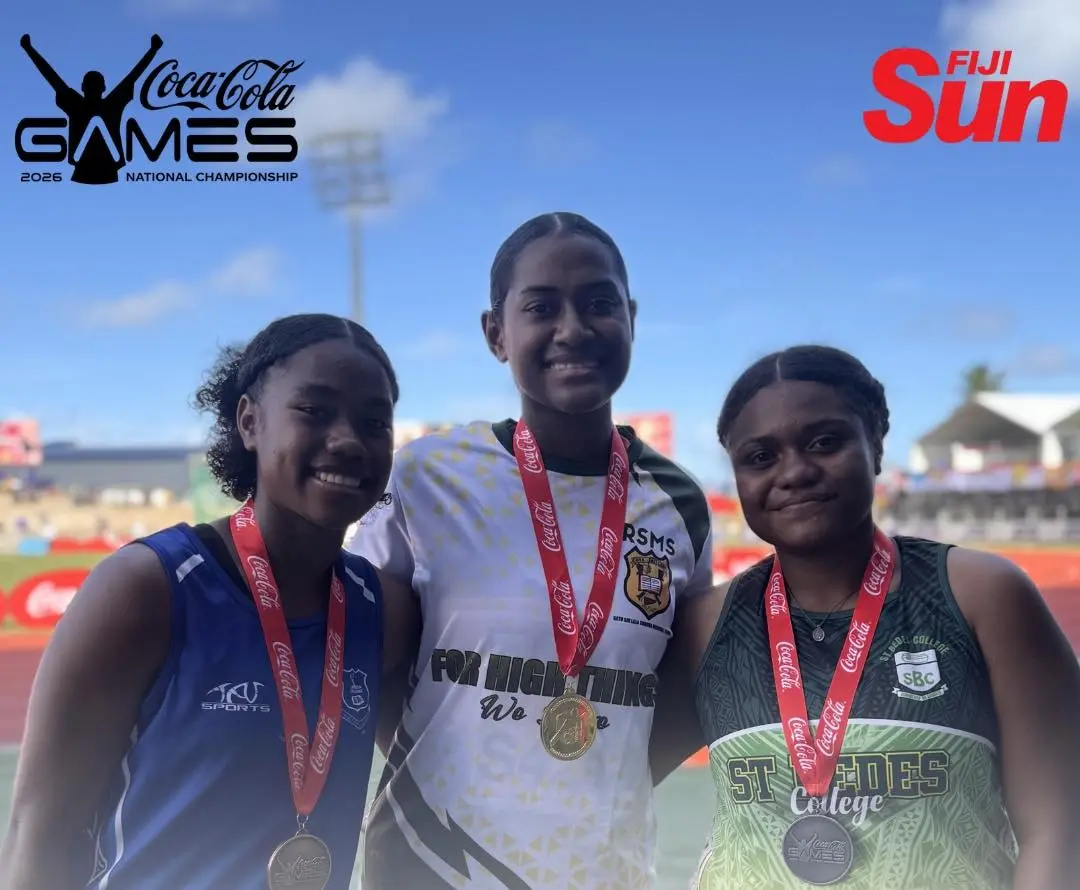 From left: Udite Soloto (Sanit Bedes College), gold medallist Loata Lewageena (RSMS) and silver/bronze medallist Silina Baleiloa (Labasa College).