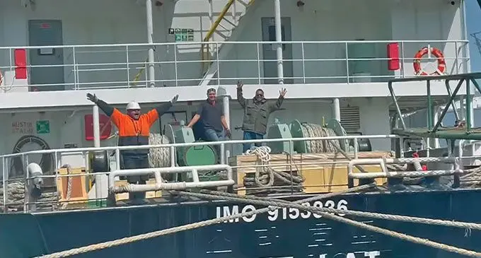Fijian crew members on board oil tanker Capt -LAI as it departed Port of Kunsan in South Korea. Photo: Goundar Shipping Facebook