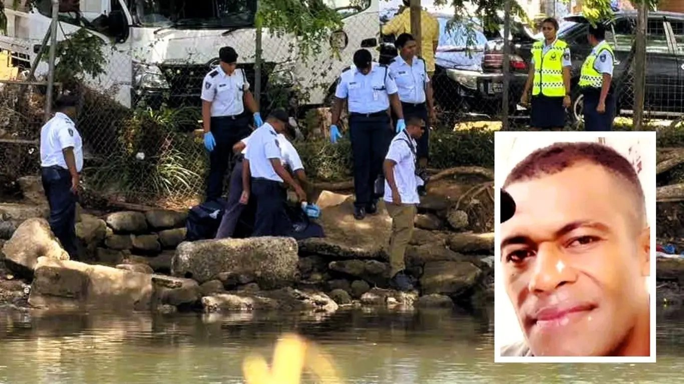 Police officers at the site where the body was found along the Labasa Riverbank on October 16, 2026. Inset: The late Nemani Rasiga.