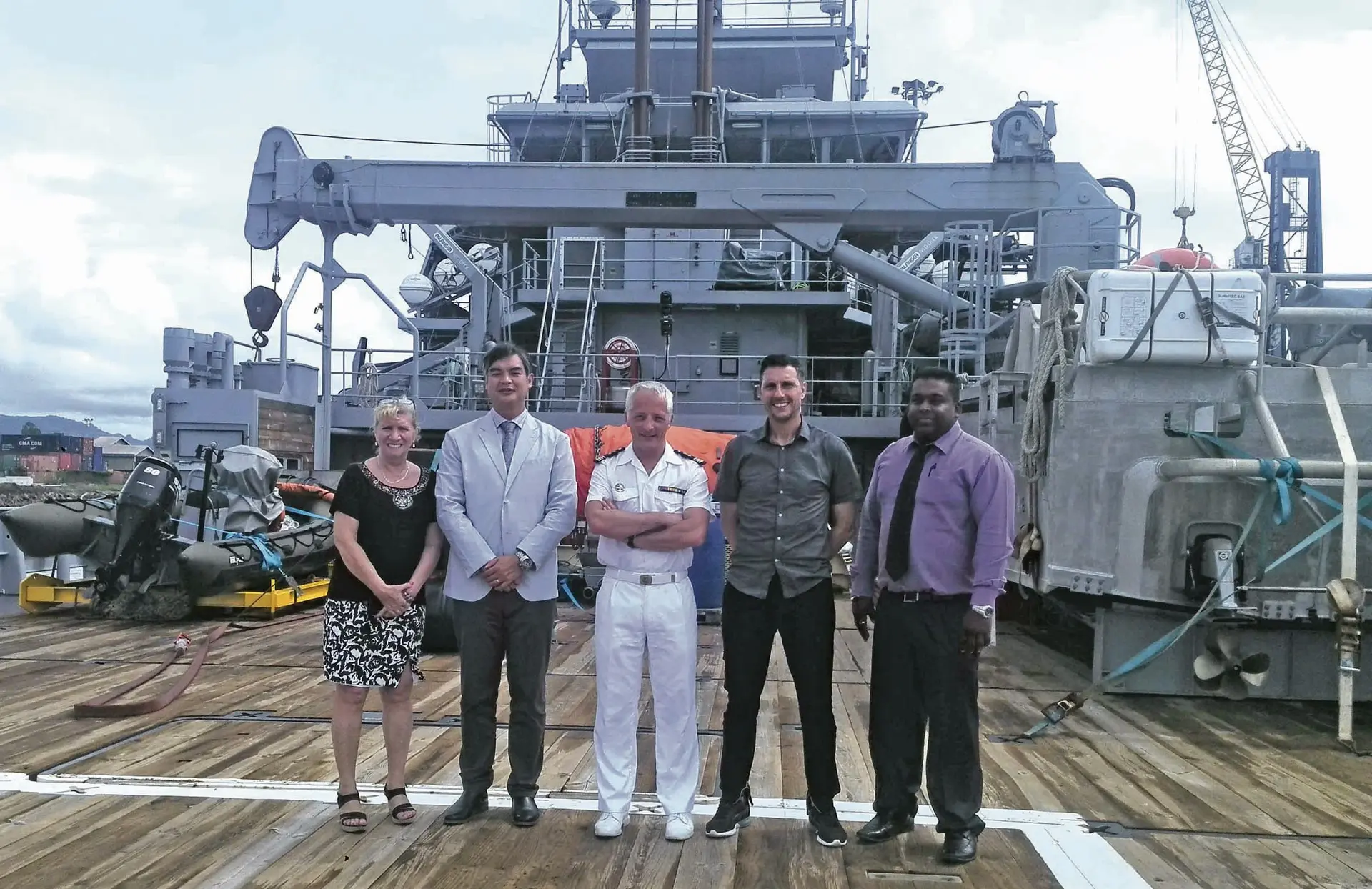 L-R: Ambassador of France Honorary Counsel  Claire-Diane Giraldeau, France Ambassador to Fiji Sujiro Seam,  Lieutenant Colonel Nattieu Ruf, Fiji Football National Coach Christophe Gamel and Fiji Metrological Services Senior Sceintific Office Amit SIngh on the Bâtiment multi-mission (B2M, "multi-mission ship") at the Lautoka port on February 06,2018. PHOTO: KARALAINI TAVI.