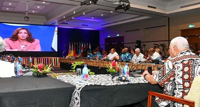 Forum chair and Fiji’s Prime Minister Voreqe Bainimarama speaking to Vice President of the United States of America Kamala Harris during the virtual meeting at the Grand Pacific Hotel on July 13, 2022. Photo: DEPTFO News