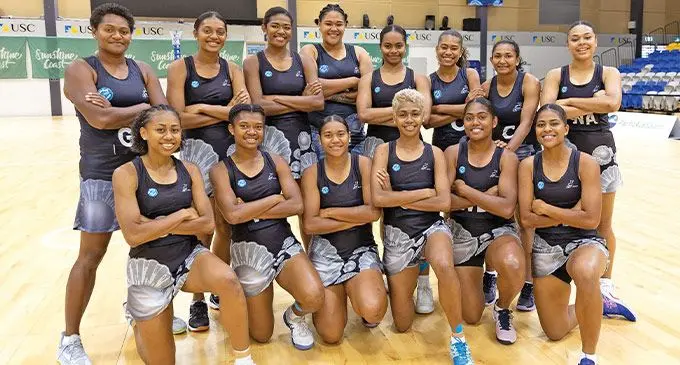 The Fiji Pearls at the USC Stadium, Queensland, Australia on October 16, 2022. Back (from left): Alisi Naqiri, Josephine Tabua, Reama Verekauta, Lydia Panapasa, Navinia Sivo, Jimaima Kete, Vaiti Waqatabu (captain), Roma Waqa. Front (from left): Unaisi Rauluni, Avelina Navue, Elina Drikibau, Maliana Rusivakula, Kalesi Tawake and Ledua Waqa. Photo: Netball Fiji
