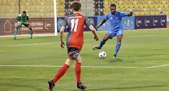 Digicel Fijian football defender Atonio Tuivuna controls the ball against New Caledonia at the Suheim bin Hamada Stadium in Doha, Qatar on March 18, 2022. Photo: OFC Media.