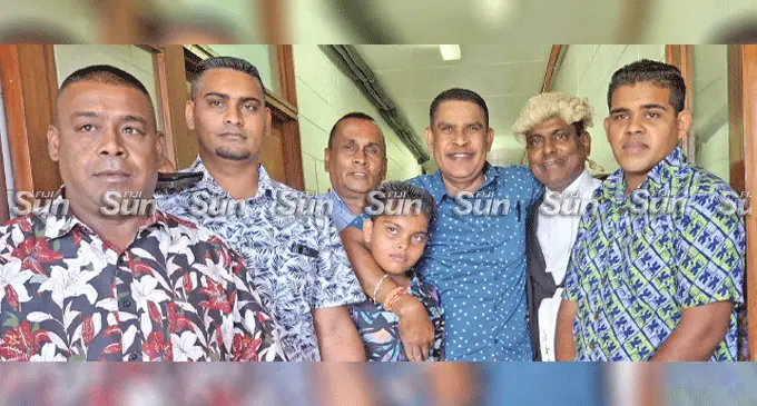 Ajay Kumar (third from right) with his lawyer, Jitendra Reddy (second from right) with his family members in Lautoka on June 4, 2025. PHOTO: Mereleki Nai