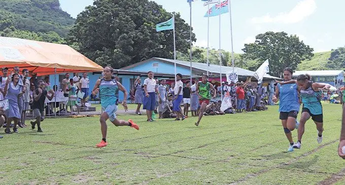 Rejieli Nagata of St Johns College (left), comes home first in the Lomaiviti Zone junior girls’ 100 metres final, with a time of 14.12 seconds at the SJC grounds. Second is Lusiana Cabenaiserau of Levuka Public School clocking 14.13sec; third is Kelera Koroikarawa of SJC clocking 14.43sec and fourth is Asilika Maramanimeke of SJC clocking 14.43sec. Photo: Manhar Lal