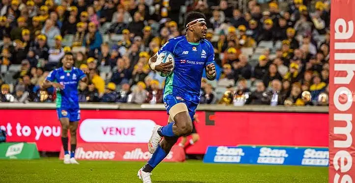 Swire Shipping Fijian Drua centre Kalaveti Ravouvou on the attack against the ACT Brumbies in Canberra, Australia, last week. Drua lost 28-43. Photos: Leon Lord