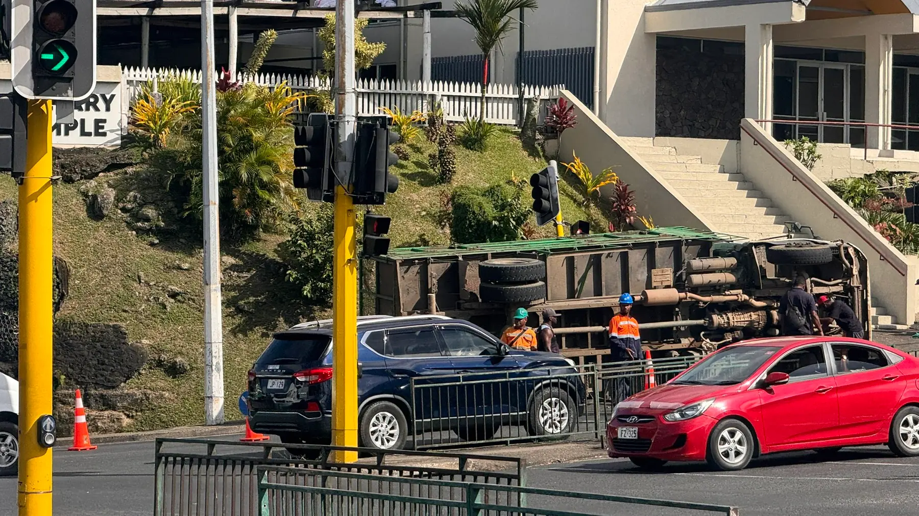The site of the accident where an overloaded garbage truck overturned near the Samabula traffic lights, close to Fiji National University (FNU) on May 13, 2026.