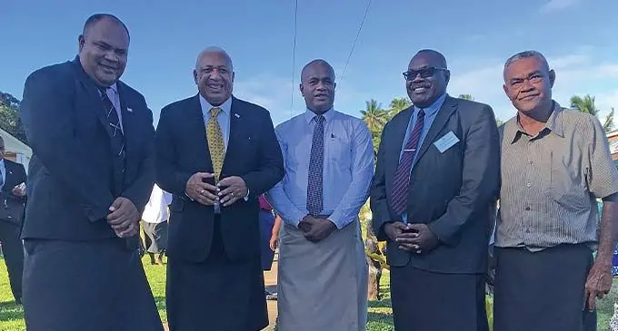 From left: Commissioner Central Josefa Navuku, Prime Minister Voreqe Bainimarama, Ratu Isoa Talemaibua Rokowasadromu and Tailevu Provincial Councial chairman Rusiate Tudravu at the opening of the Tailevu Provincial Council meeting at Naisausau Village in Namara, Tailevu on November 24, 2022. Photo: Lusiana Tuimaisala