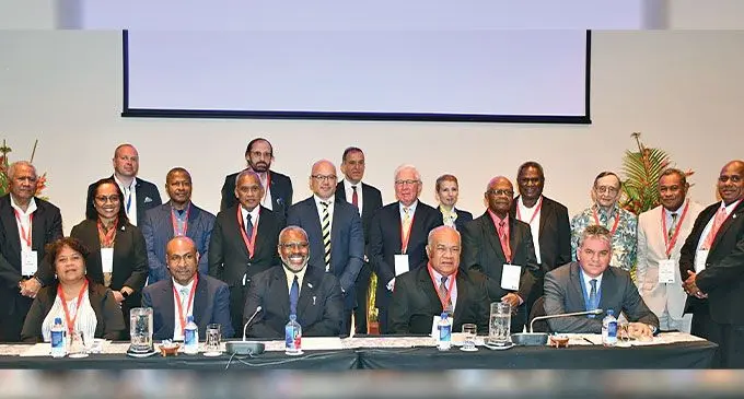 Minister for Justice Siromi Turaga (seated, third from left), with Acting Chief Justice Salesi Temo and Regional Workshop for the Office of the Director of Public Prosecutions delegates in Nadroga on November 5, 2024. Photo: Waisea Nasokia