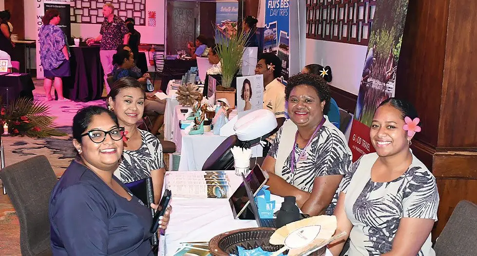 From left: Fiji Marriott director sales Regina Wilson, Fiji Airways Nikita Devi, Fiji Marrtiott Losana Tui and Meresiveli Tamaibari at the mini-expo. Photo: Waisea Nasokia 