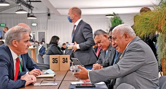 Bilateral meeting between Prime Minister Voreqe Bainimarama and the Prime Minister of Norway, Jonas Gahr Store, in Glasgow, Scotland.  Photo: Office of the Prime Minister