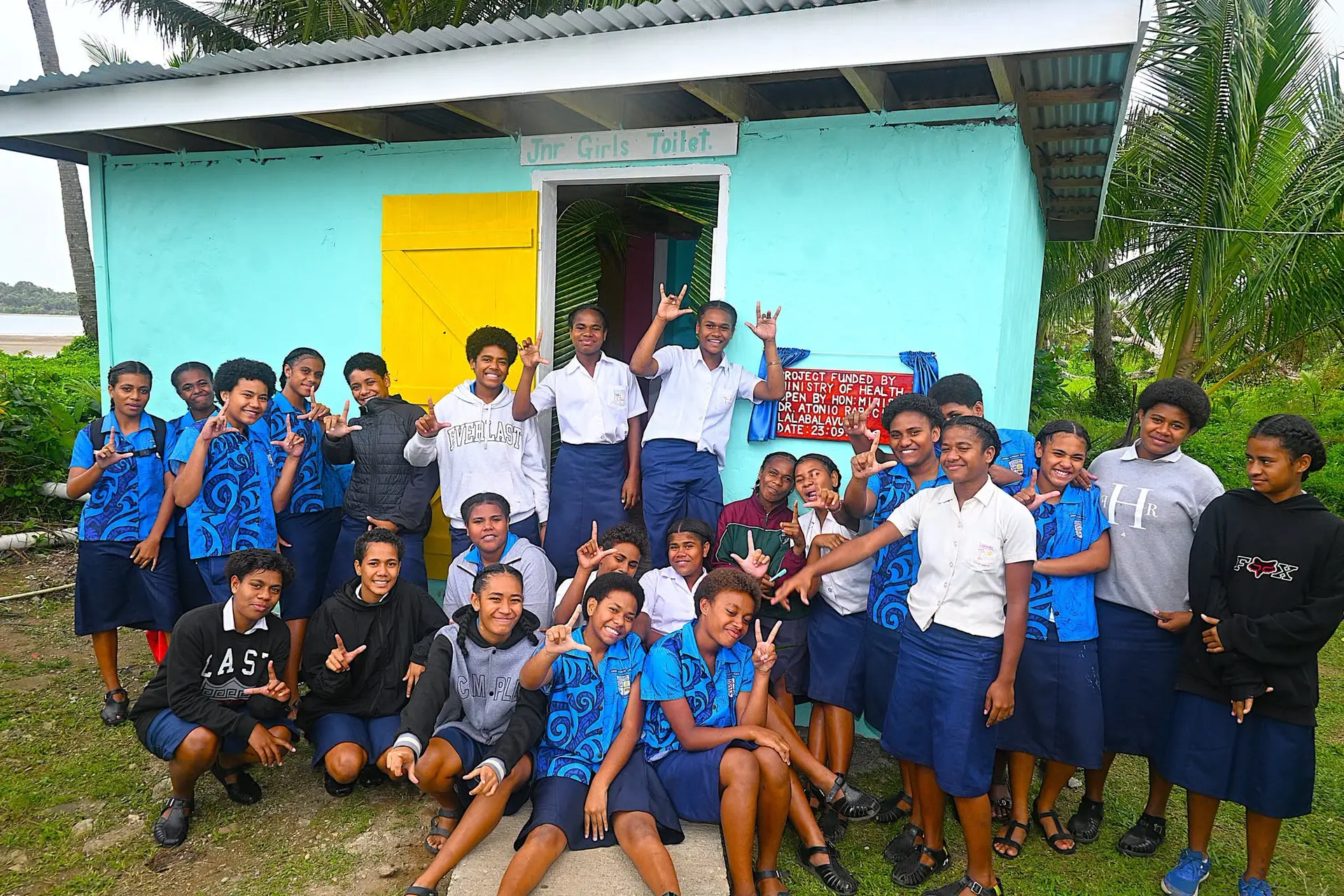 Lomary Secondary School girls pictured next to the new  ablution block on September 23, 2026.