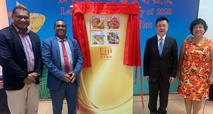 Four new zodiac stamps commemorating this year’s Chinese New Year celebrations were launched by the Chinese Cultural Centre in Fiji and Post Fiji Limited. From left: Post Fiji Head of Retail and Marketing Isaac Mow, Assistant Minister for Education, Heritage and Arts Joseph Nand, China’s Ambassador to Fiji Qian Bo and Head of the Chinese Association Jenny Seeto at the China’s Cultural Centre in Suva on January 17, 2020.  Photo: Fonua Talei