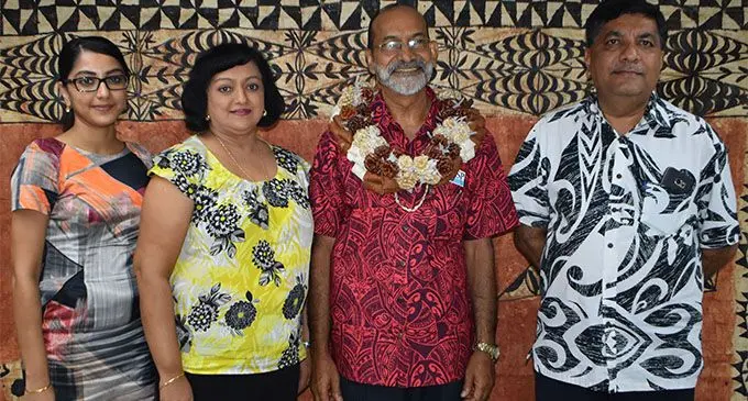 Gurbachan Singh Memorial Trust chairman and trustee Charan Jeath Singh (right) with his wife Swaran Singh and daughter Mandvi Singh after the handing over of donation to University of the South Pacific vice chancellor and president Professor Rajesh Chandra (third from left) during the opening of the USP Pacific Technical and Further Education at Gurbachan Singh Mall in Labasa on February 2, 2018.    Photo: Shratika Naidu