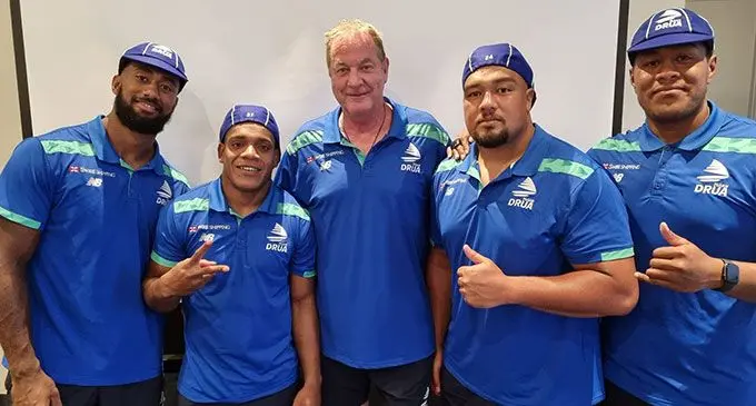 Swire Shipping Fijian Drua debutants during the second round of the Super Rugby Pacific competition. From left-right: Joseva Tamani, Napolioni Bolaca, Mick Byrne (head coach), Kaliopasi Uluilakepa and Leone Rotuisolia after receiving their caps in Canberra, Australia, on February 25, 2020. Photo: Fijian Drua