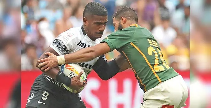 Fiji Airways Fijian men’s rugby sevens halfback Pilipo Bukayaro is tackled by Dalvon Blood of South Africa during the World Rugby Sevens at the Allianz Stadium in Sydney on January 29, 2023. Photo: JEREMY NG / AFP