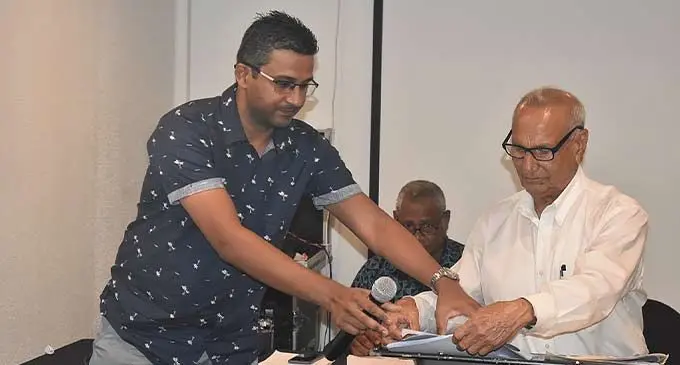 Lautoka Chamber of Commerce and Industry president Wasu Pillay with outgoing president Pyara Singh during the AGM. Photo: Waisea Nasokia