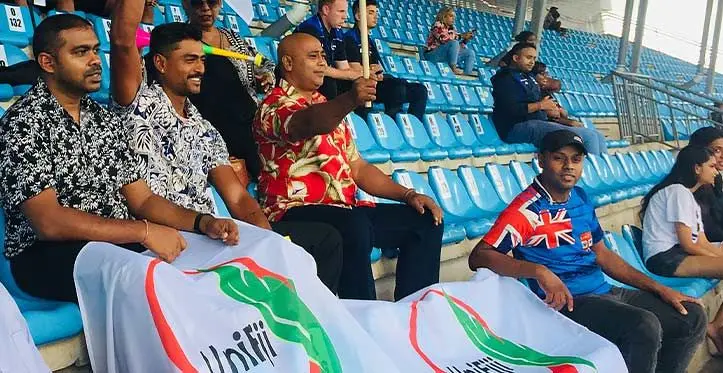 The University of Fiji staff and students cheer the Young Kulas in their first game against the Kiwis at the HFC Stadium. (Photo taken by Shaniyah Khan of the Journalism and Media Studies Programme University of Fiji). 