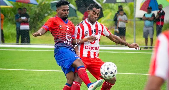 Veteran Labasa striker Taniela Waqa (right) against Navua on March 14, 2021. Photo: Leon Lord