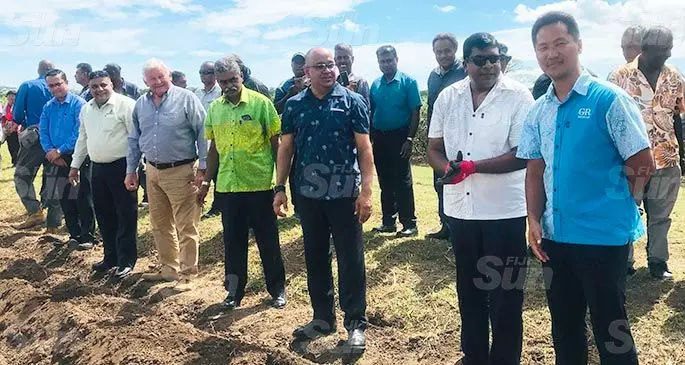 From left: Agricultural Marketing Authority chief executive officer Alvin Sharma, Sugarcane Growers Fund chief executive officer Raj Sharma, Fiji Sugar Corporation chief executive officer Graham Clark, Assistant Minister for Agriculture Viam Pillay, Permanent Secretary for Agriculture Ritesh Dass, Minister for Agriculture Mahendra Reddy and president of Grace Road Fiji Daniel Kim at Sabeto, in Nadi on April 20, 2020. Photo: Charles Chambers