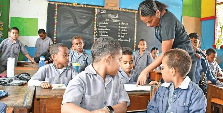 Suva Primary School teacher Atelaite Tukana, with her students on February 25, 2025. Photo: Ronald Kumar