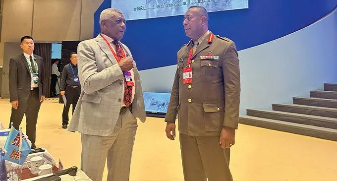 From left: Minister for Home Affairs and Immigration Pio Tikoduadua, with the Republic of Fiji Military Forces (RFMF) Commander, Major General Ro Jone Kalouniwai, during the 11th Beijing Xiangshan Forum in China last week. Photo: Republic of Fiji Military Forces