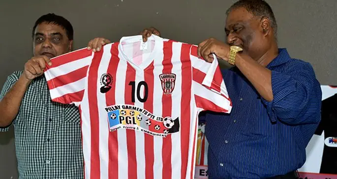 Fiji Football Association vice-president Yogeshwar Singh (left) with Pillay’s Garment managing director Narend Pillay at the Fiji FA headquarters in Vatuwaqa, Suva on January 22, 2020. Photo: Fiji FA Media.