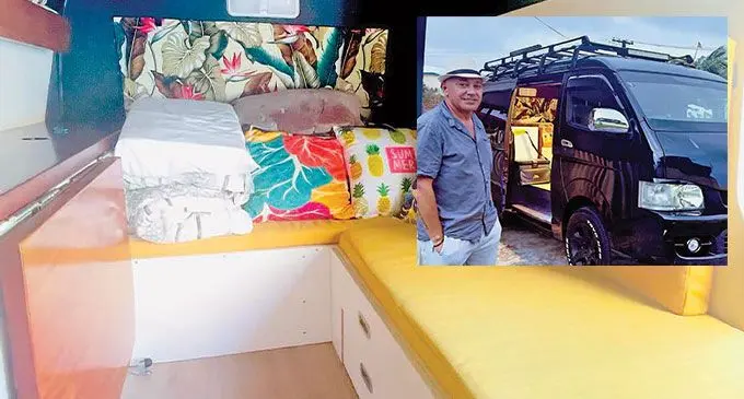 Inside his camping van. (Inset: Varinava Tiko infront of his camping van in Nadi) on September 14, 2023