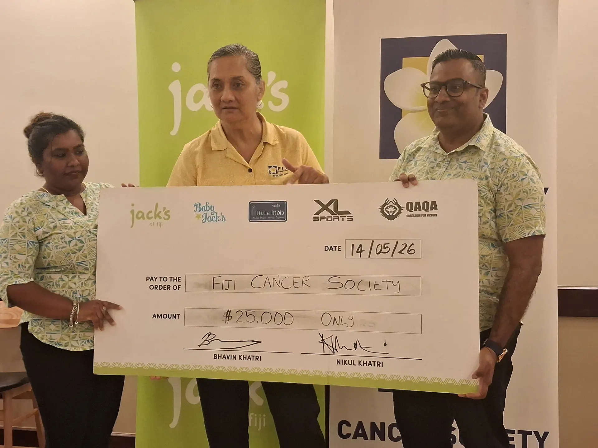 Jacks of Fiji marketing executive Anshu Devi, Fiji Cancer Society chief executive Belinda Chan, and Jacks of Fiji CSR chairman Ronald Reddy.