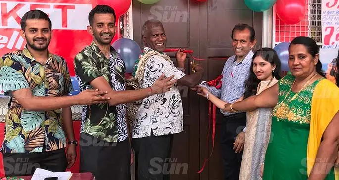 From left: Shamal Sharma, Vinal Sharma, Assistant Minister for Sugar, George Vegnathan, Vir Shen Sharma, Pooja Sharma and Puspha Wati during the opening of Shopwell Supermarket in Naodamu, Labasa, on January 26, 2021. Photo: Shratika Naidu