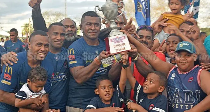 Jack’s Nadi captain Sivaniolo Turuva Lumelume holds the Skipper Fiji Rugby Championship Cup with fans and players at Prince Charles Park, Nadi, on July 30, 2022. Photo: Waisea Nasokia