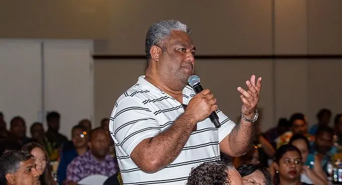 Viliame Takayawa poses a question during the FCCC event yesterday. Photo: Leon Lord.