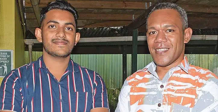 Intern nurses Roshil Ram, 21 (left) and Filimoni Yavala, 34, following day-two of nursing induction at Stadio 6 in Suva on June 7, 2023. Photo: Ronald Kumar.