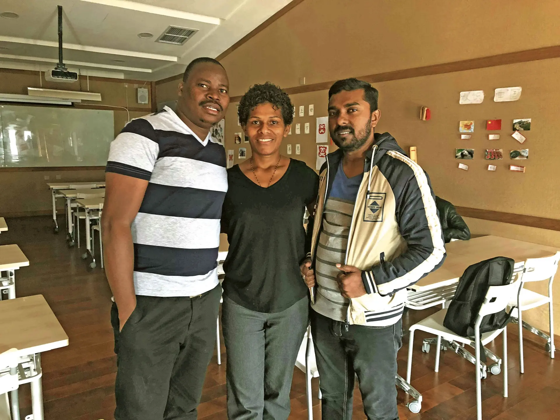 From left: Moyaliwa Christopher, from the Daily News, Tanzania, Lusiana Tuimaisala of the Fiji Sun and Shelton Bandara, a Government Information Officer from Colombo, Sri Lanka, attending a Chinese language class at the Beijing International Chinese College on March 9 2018. Photo: Shazlina Azman 