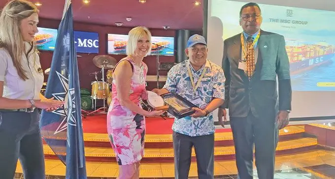 MSC Cruises Australia Chairman Lynnne Susan Clarke (second from left) with the Assistant Minister of Finance Esrom Immanuel (fourth from left) inside the cruise ship MSC Poesia while it berthed at Suva Port on February 20, 2023. Photo: Laiseana Nasiga 