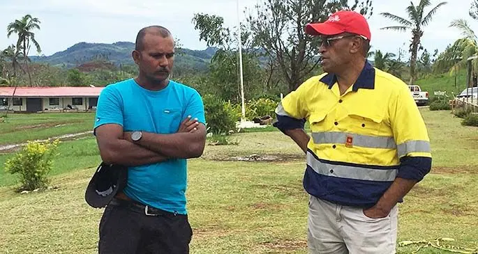 Minister for Infrastructure and Meteorological Services and Minister for Lands and Mineral Resources Jone Usamate with Lekutu Secondary School principal Avinendra Kumar during a discussion at the school on February 6, 2021.