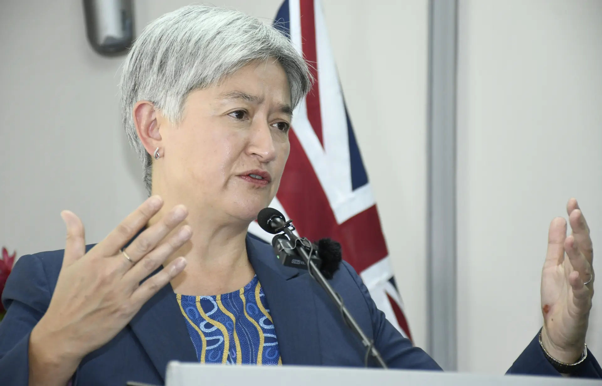 Australian Foreign Minister Penny Wong during a press conference in Suva on May 7, 2026.