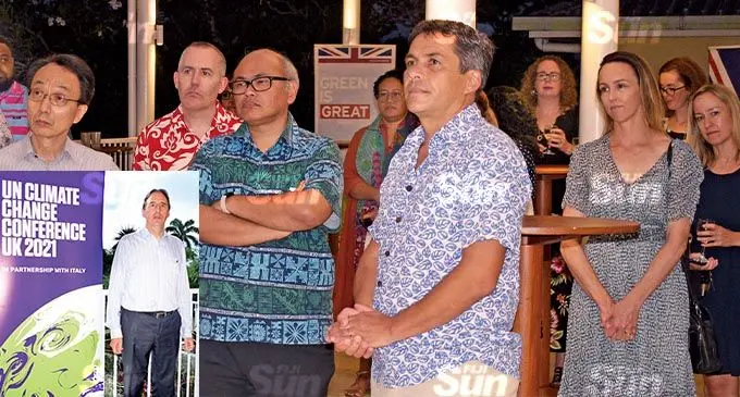 Guests at a reception at the at British High Commissioner’s residence in Suva on October 3, 2021 to mark the opening of COP26 at Glasgow City, Scotland.  Insert: British High Commissioner to Fiji George Edgar while hosting a reception at his residence in Suva on October 3, 2021 to mark the opening of COP26 at Glasgow City, Scotland.  Photo: Ronald Kumar