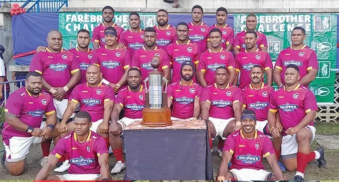 Fiji Pine Lautoka rugby team with the INKK Mobile Farebrother-Sullivan Trophy at Lawaqa Park, Sigatoka, on May 11, 2024. Photo: Waisea Nasokia