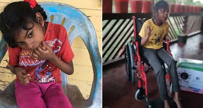 From left-right: Shaivi Mishika on her usual chair and Shaivi Mishika happy with her new wheels donated by Being Helping Hands Fiji.