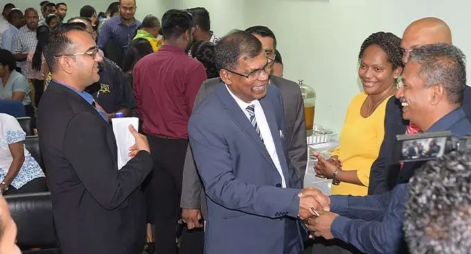 Minister for Finance Biman Prasad met with the ministerial staff after he was officially welcomed at the Ro Lalabalavu House on December 28,2022. Photo: Ronald Kumar