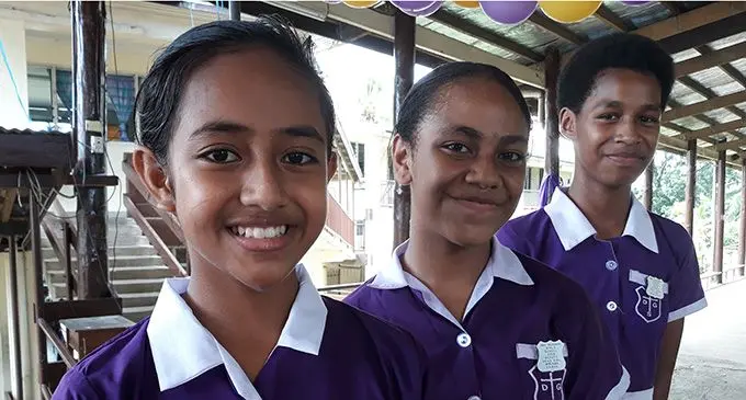 Dilkusha Girls School head girl Annielisa Yaco, deputy head girl Ro Miriama Kaibau and deputy head girl Raibe Logavatu after their induction ceremony on February 08, 2019. Photo: Wati Talebula