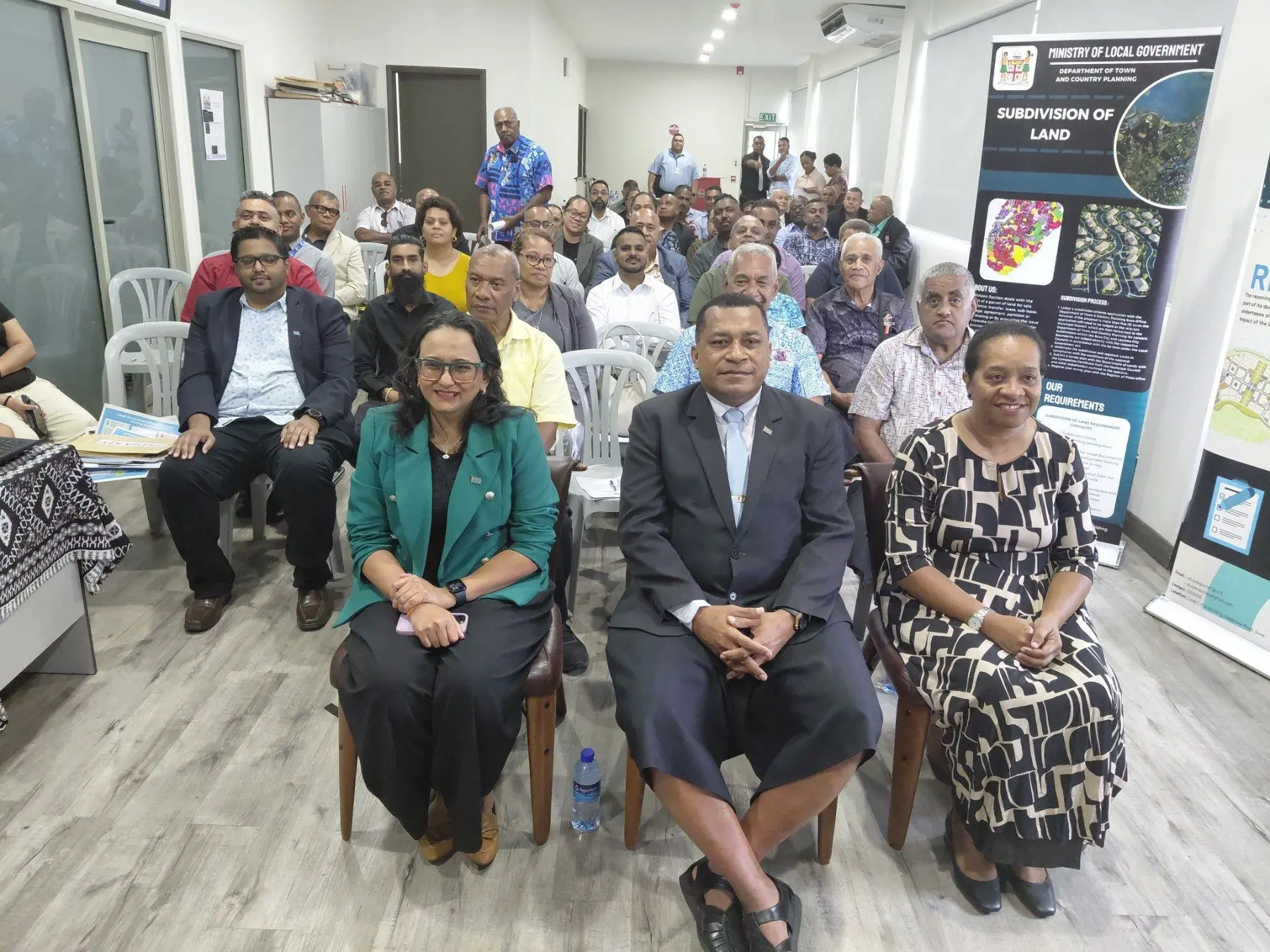 Front left: Permanent Secretary for Housing and Local Government Seema Sharma, Minister for Housing and Local Government Maciu Nalumisa, Acting Deputy Supervisor of Elections Anaseini Senimoli with adminstrators, chief executive officers of municipal elections and Ministry staff during the launch of the civic education campaign at the Ministry's headquarters in Suva on December 11, 2025.