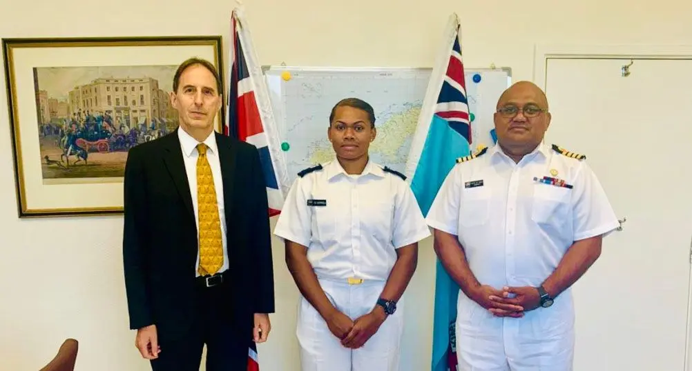 British High Commissioner George Edgar, Midshipman Esita Batiniqila and Commander of the Republic of Fiji Navy Captain (Navy) Humphrey Tawake.