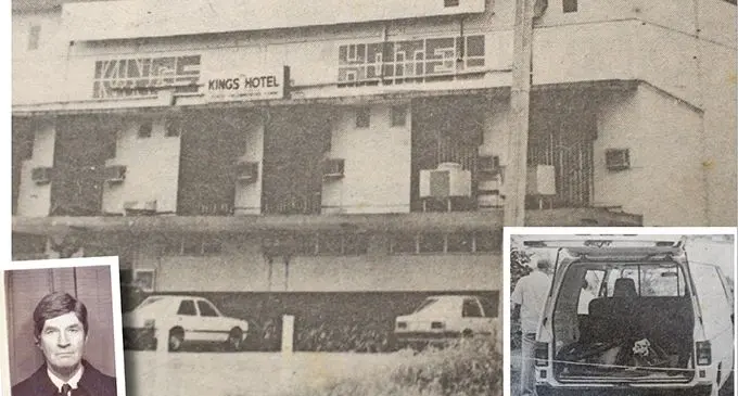 Kings Hotel on July 1985. INSET: Left, Bob Amos. Right, the van in which his body was dumped.